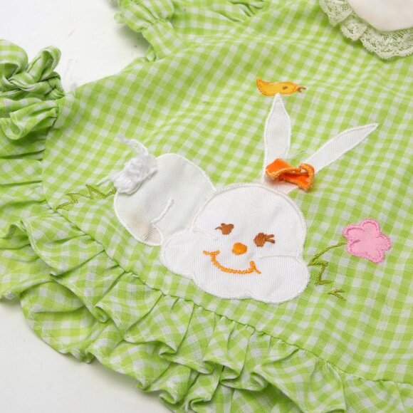 Vintage Baby Girl Green Dress Gingham Checkered Outfit Lightweight Bunny Frills - Picture 4 of 10